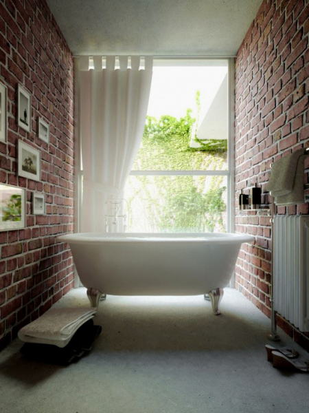 Кирпичная стена в дизайне интерьера ванной комнаты в фото